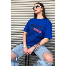 Kadın Brooklyn Newyork Baskılı Oversize Sax Mavi T-Shirt