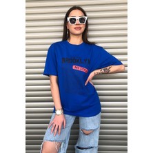 Kadın Brooklyn Newyork Baskılı Oversize Sax Mavi T-Shirt