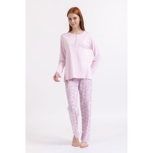 Mutlu City Kadın Dört Mevsim Dantel Desenli Melisa Kumaş Yüksek Kalite Yuvarlak Yaka Pijama Takımı 1361