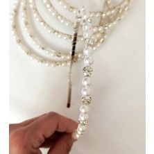 Quella Atelier Gümüş Renk Kristal Taşlı Incili Kadın Taç Saç Bandı Gelin Nişan Kına
