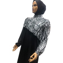 Eflin Zebra Desenli Çapraz Büzgülü Tam Kapalı Tesettür Mayo Siyah Bone Hediyeli