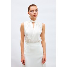 Sateen Yaka Detaylı Saten Bluz - Ekru
