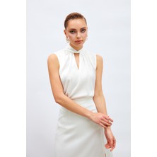Sateen Yaka Detaylı Saten Bluz - Ekru