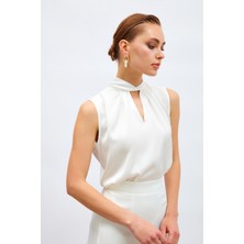 Sateen Yaka Detaylı Saten Bluz - Ekru