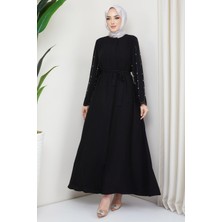 Hafsa Mina Kolu Taşlı Gizli Patlı Ferace Siyah