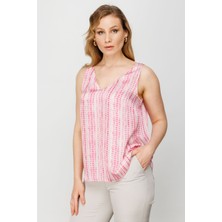 Ekol Kadın V Yaka Desenli Saten Bluz 5506 Pembe
