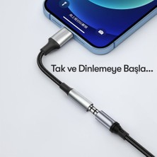 Dexmon Tak Çalıştır Lightning To Aux 3.5mm Kulaklık Jak Dönüştürücü Alüminyum Alaşım Kırılmaz Örgü Kablo