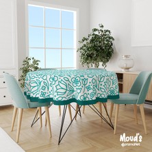 Moud's Beyaz Flora Serisi Desenli Yuvarlak Süet Dertsiz Masa Örtüsü
