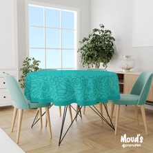 Moud's Turkuaz Flora Serisi Desenli Yuvarlak Süet Dertsiz Masa Örtüsü