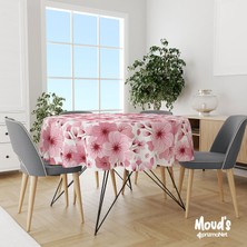 Moud's Pembe Çiçek Desenli Yuvarlak Süet Dertsiz Masa Örtüsü