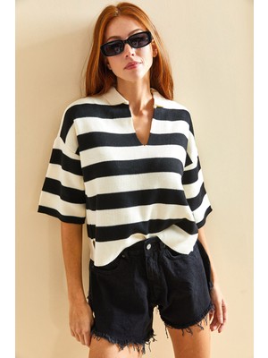 Lithe Kadın Polo Yaka Çizgili Oversize Triko Kazak