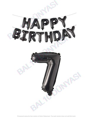 Bal10 Dünyası Happy Bırthday Siyah Renk Folyo Balon ve Rakam Seti Yaş 7