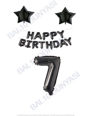 Bal10 Dünyası Happy Bırthday Siyah Renk Folyo Balon Yıldız Folyo ve Rakam Seti Yaş 7