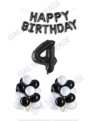 Bal10 Dünyası Happy Bırthday Siyah Renk Folyo Balon Latex Balon  ve Folyo Rakam Seti Yaş 4