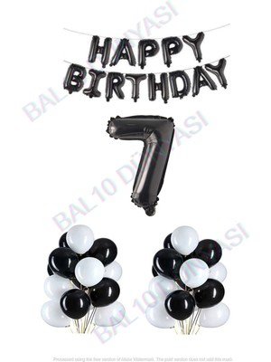 Bal10 Dünyası Happy Bırthday Siyah Renk Folyo Balon Latex Balon  ve Folyo Rakam Seti Yaş 7