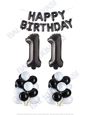 Bal10 Dünyası Happy Bırthday Siyah Renk Folyo Balon Latex Balon  ve Folyo Rakam Seti Yaş 11