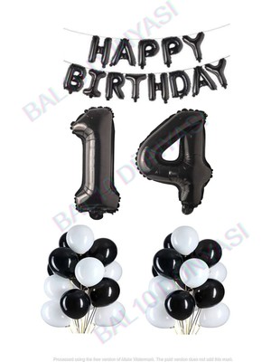 Bal10 Dünyası Happy Bırthday Siyah Renk Folyo Balon Latex Balon  ve Folyo Rakam Seti Yaş 14