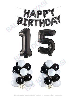 Bal10 Dünyası Happy Bırthday Siyah Renk Folyo Balon Latex Balon  ve Folyo Rakam Seti Yaş 15