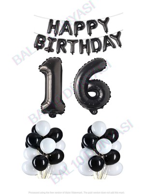 Bal10 Dünyası Happy Bırthday Siyah Renk Folyo Balon Latex Balon  ve Folyo Rakam Seti Yaş 16
