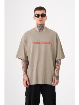 Machinist Unisex Oversize Thrill Seeker Baskılı Pamuklu T-Shirt Haki