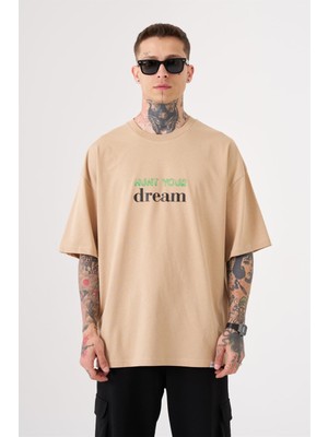 Machinist Unisex Oversize Hunt Your Dream Baskılı Pamuklu T-Shirt Bej