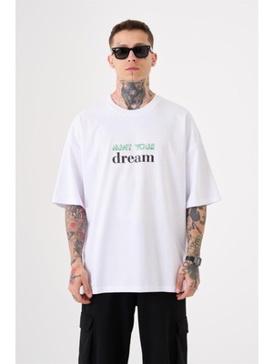 Machinist Unisex Oversize Hunt Your Dream Baskılı Pamuklu T-Shirt Beyaz