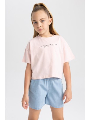 DeFacto Kız Çocuk Crop Baskılı Kısa Kollu Tişört A4130A823HS