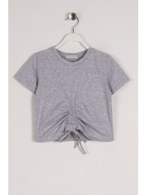 Zepkids Kız Çocuk Gri Melanj Renkli Ön Bağcık Detaytlı Tişört