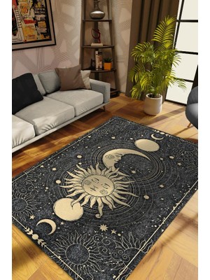 Homshtag Ay ve Güneş Desenli Halı Siyah Koyu Renkli Salon Halısı  Yıldız ve Ay Desenli Modern Halı