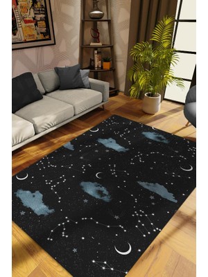 Homshtag Takım Yıldızı Siyah Koyu Renkli Salon Halısı Bulut ve Gökyüzü Temalı Genç Odası Halısı
