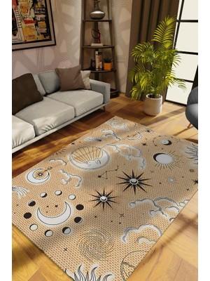 Homshtag Yerdeki Gökyüzü Desenli Halı Bej Açık Renkli Salon Halısı  Yıldız ve Ay Desenli Modern Halı
