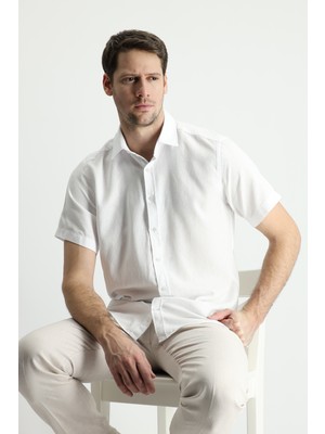 Kiğılı Kısa Kol Regular Fit Spor Pamuklu Keten Karışımlı Gömlek