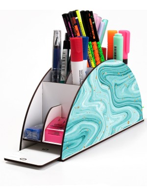 Ahşap Vip Mermer Serisi Gökkuşağı Cetvelli Masaüstü Kalemlik Organizer Montajlı Kutulu