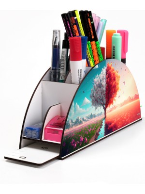 Ahşap Vip Manzara Gökkuşağı Cetvelli Masaüstü Kalemlik Organizer Montajlı Kutulu