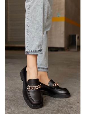 Nilufarr Lucca Siyah Hakiki Deri Taşlı Kadın Loafer