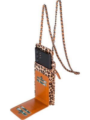 PLM Avjin 6.9 Inch Uyumlu Deri Kılıf Cüzdan Askılı Leo1 Leopar