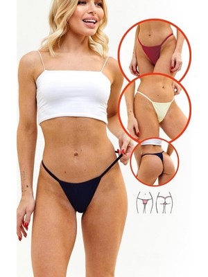 Alya Underwear Kadın Ipli Tanga Külotlar - 3’lü Paket (1 Ad Ekru, 1 Ad Kırmızı, 1 Ad Lacivert) 1301T