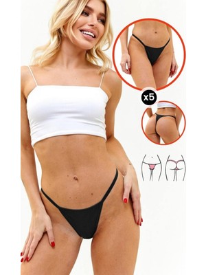 Alya Underwear Kadın Ipli Tanga Külotlar - 5’li Paket (5 Adet Siyah) 1301P