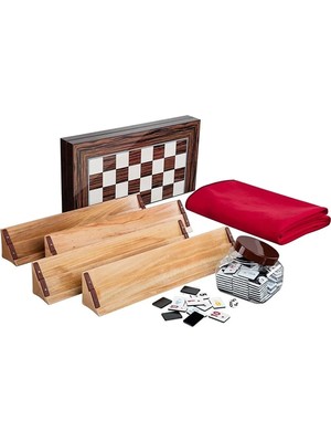 Hedef Okey Takımı Ahşap Istaka Siyah Beyaz Taş + Ahşap Pullu Tavla+ Kırmızı Masa Örtüsü Set