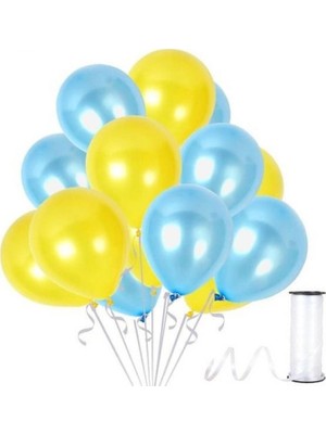Kidspartim 50 Adet Metalik Sarı Açık Mavi Balon 2 Renk