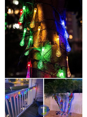 Technojet Solar Güneş Enerjili 50 LED Işıklı Su Damlası Dekorasyon Bahçe Aydınlatması (Renkli Işık)