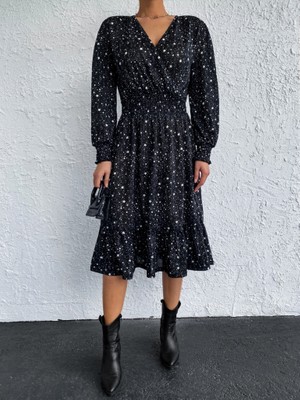Selluka Kadın Uzun Kollu Gece Baskılı V Yaka Helen Kumaş Elbise