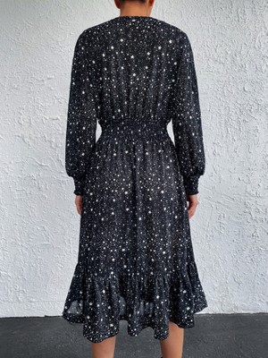 Selluka Kadın Uzun Kollu Gece Baskılı V Yaka Helen Kumaş Elbise