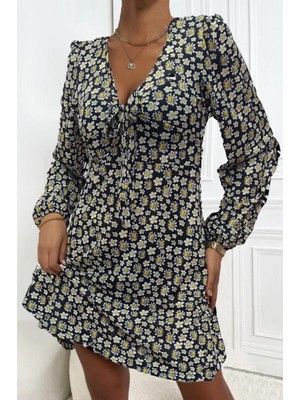 Melekler Kadın Uzun Kollu V Yaka Bağcık Detay Çiçek Baskılı Helen Kumaş Elbise