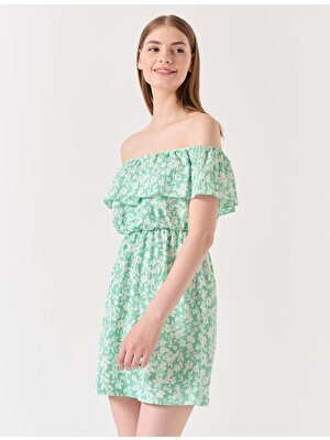 Jimmy Key Mint Yeşili Kayık Yaka Kolsuz Çiçekli Mini Elbise