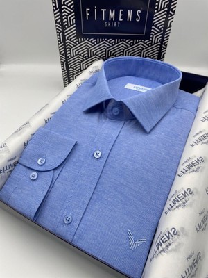 Slim Fit Uzun Kol Saten Hediye Kutulu Kolay Ütülenebilir Erkek Gömlek(KR.9511) - Saks Mavi