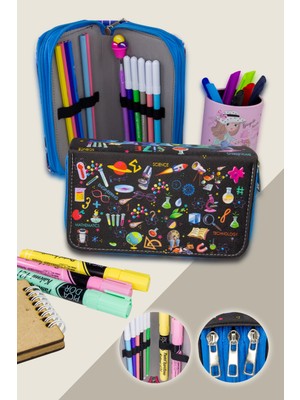 OneSize Kalem Kutusu Science Kids Kawaii Desen Orginazer Üç Bölmeli Vegan Deri (Kalemlik)