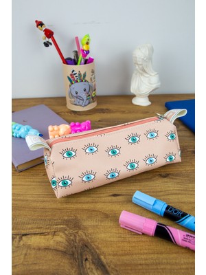 OneSize Kalem Kutusu Gözler Cute Üçgen Tasarım Vegan Deri (Kalemlik ve Makyaj Çantası))