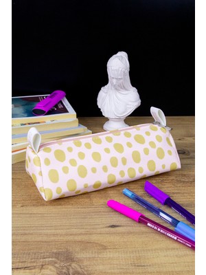 OneSize Kalem Kutusu Pastel Renk Benekler Üçgen Tasarım Vegan Deri (Kalemlik ve Makyaj Çantası)