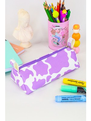 OneSize Kalem Kutusu Pastel Lila Inek Üçgen Tasarım Vegan Deri (Kalemlik ve Makyaj Çantası)